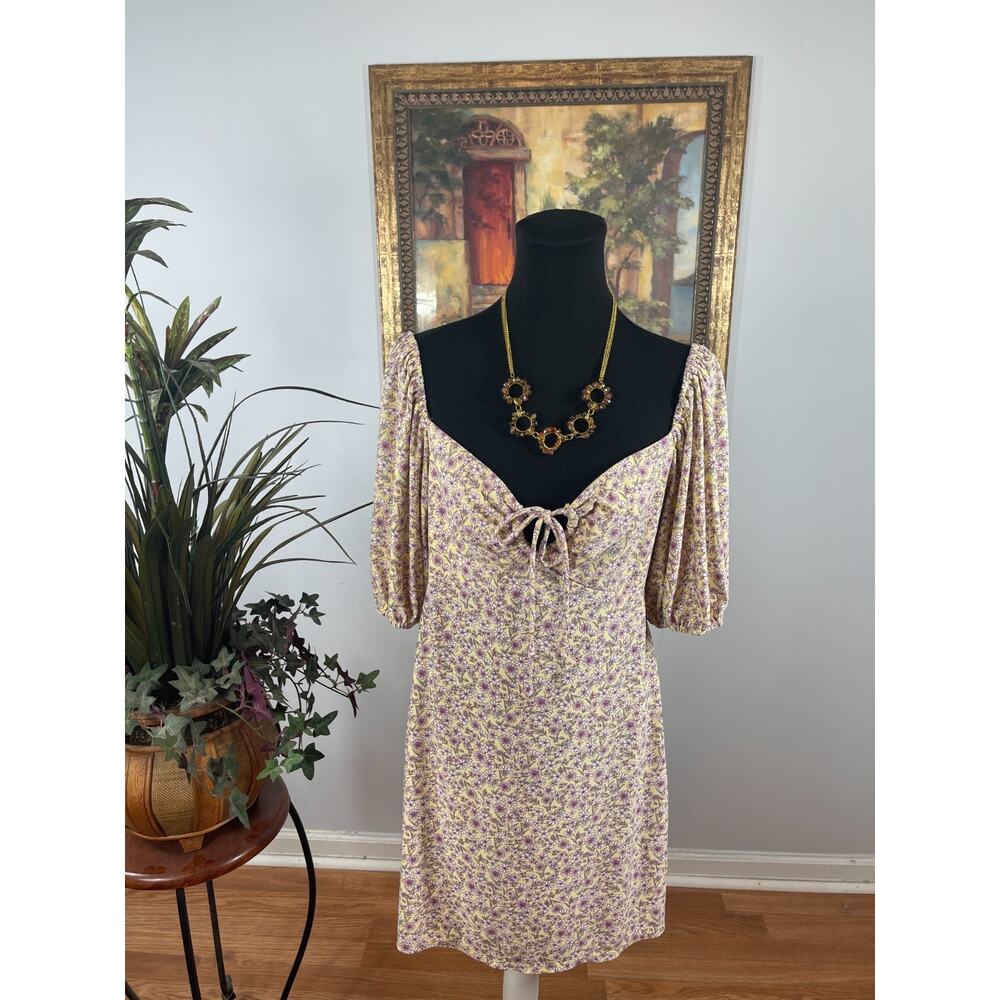 BeBop Midi Dress Women's Size XL Beige Floral Puff Sleeve Tie Front Cottagecore